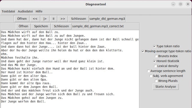 Screenshot of computer-supported language sample analysis interface